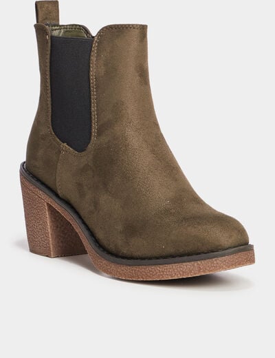 Bottines chelsea &agrave; talons aspect su&eacute;dine vert kaki femme