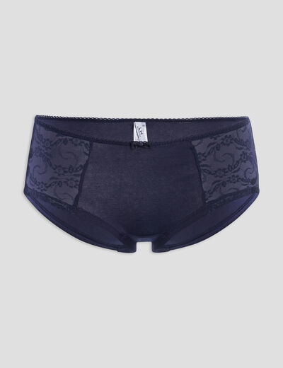 Boxer en coton avec dentelle bleu marine femme