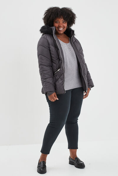 Pull perles strass manches avec fentes gris femme grande taille