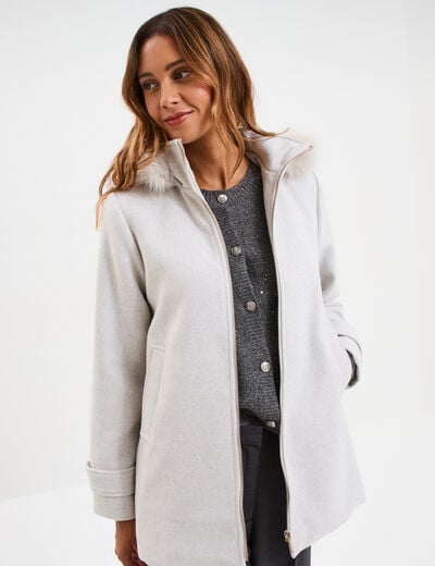 Manteau &agrave; capuche fausse fourrure gris clair femme