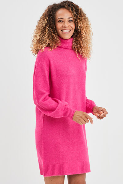Robe pull col roulé courte droite rose fushia femme