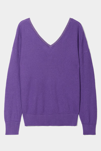 Pull gilet recto-verso col en V violet femme