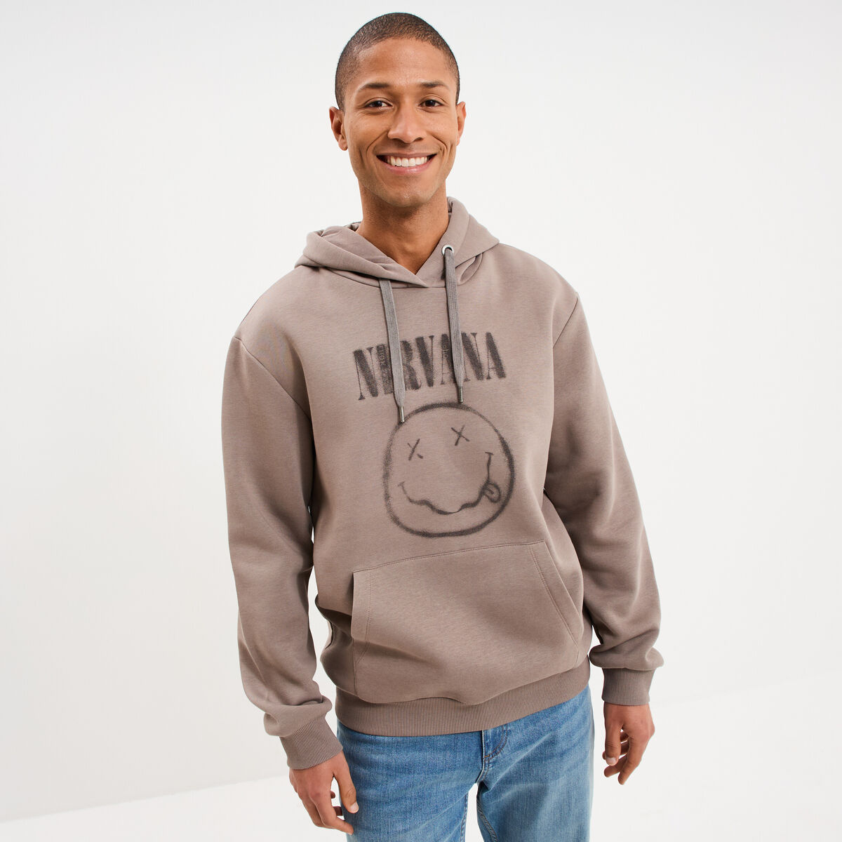 Sweat hoodie molleton 1 poche Nirvana taupe homme