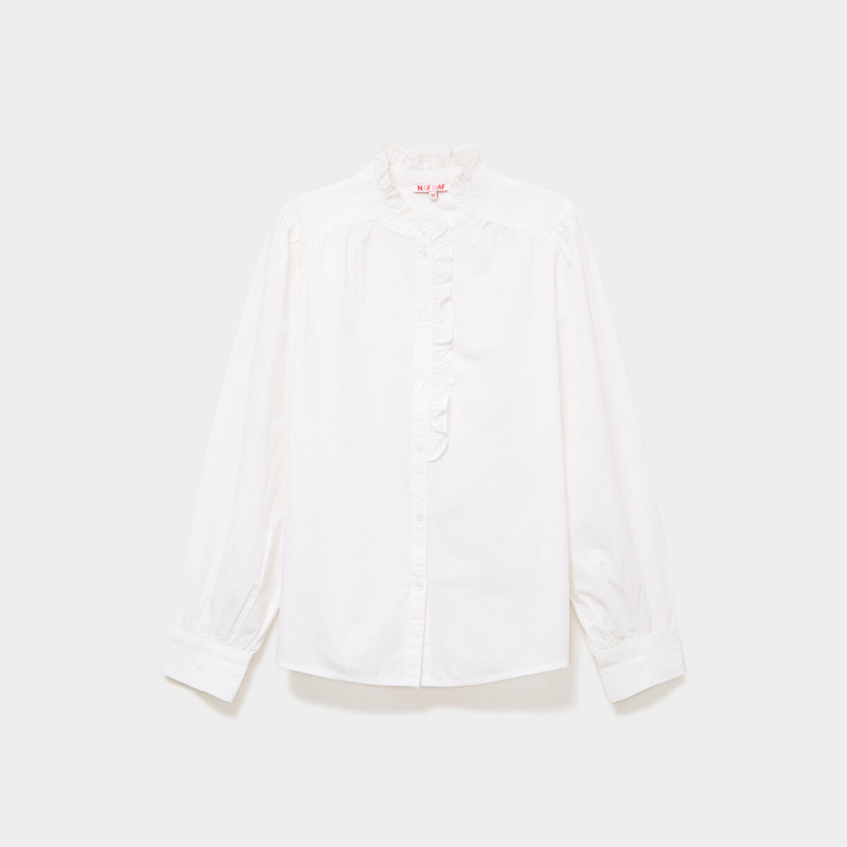 Blouse col montant &agrave; volants coton blanc femme