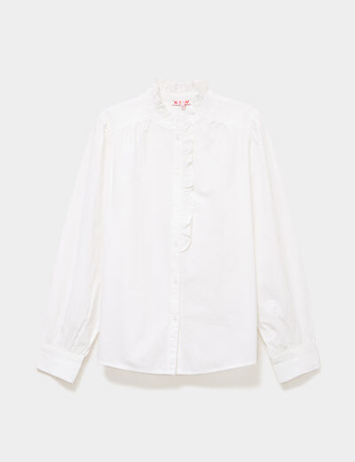Blouse col montant &agrave; volants coton blanc femme