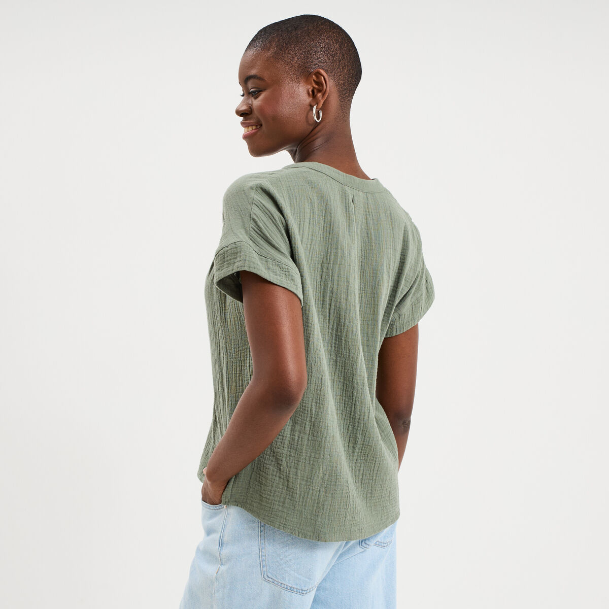 Blouse Col tunisien gaze de coton vert kaki femme