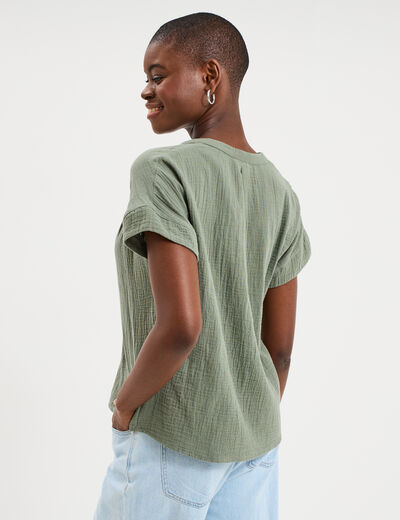 Blouse Col tunisien gaze de coton vert kaki femme