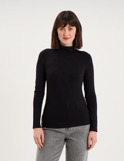T-shirt manches longues col roul&eacute; noir femme