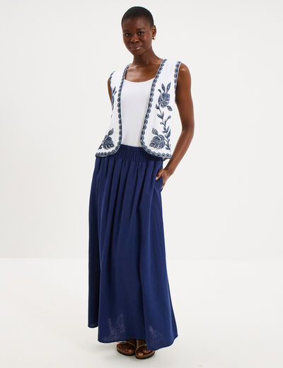 Gilet sans manches brod&eacute; gaze de coton blanc femme