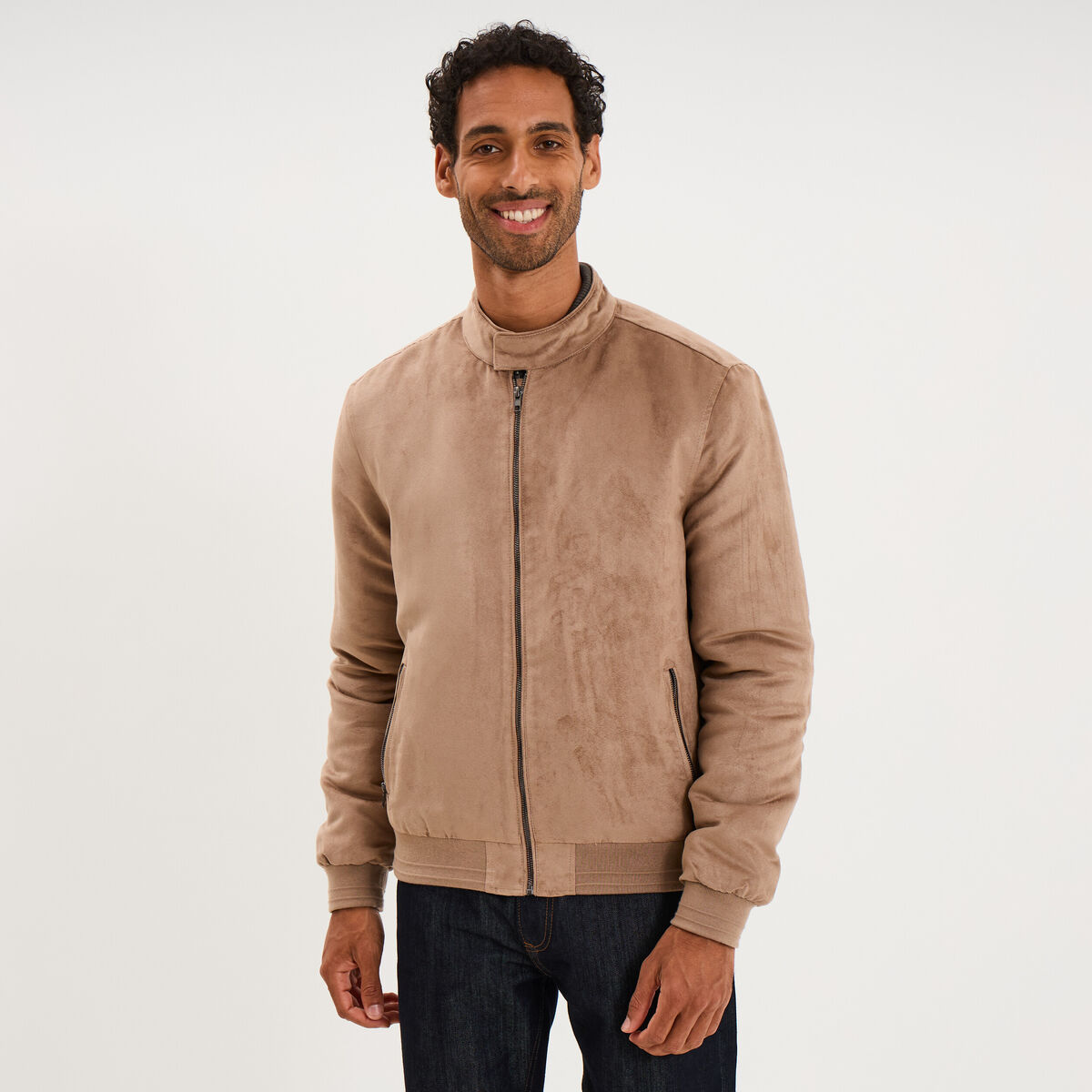 Blouson col biker en su&eacute;dine zipp&eacute; taupe homme