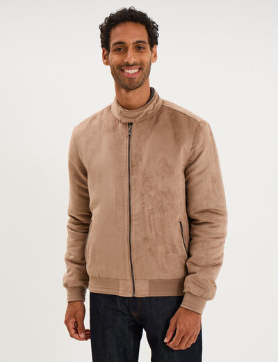 Blouson col biker en su&eacute;dine zipp&eacute; taupe homme