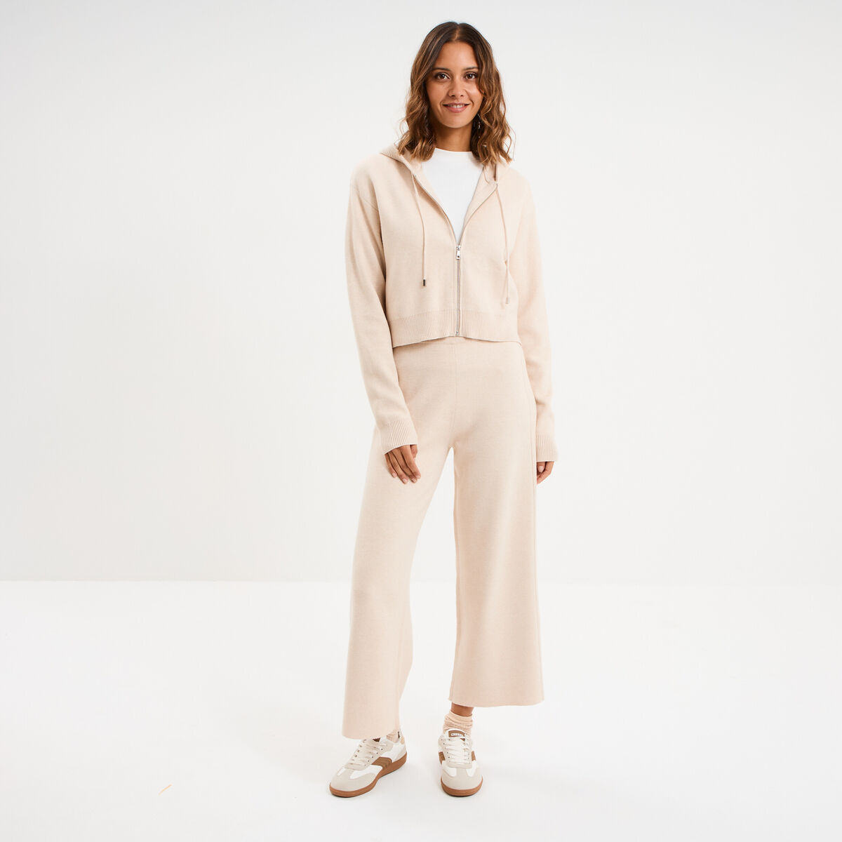 Pantalon tricot taille &eacute;lastiqu&eacute;e beige femme