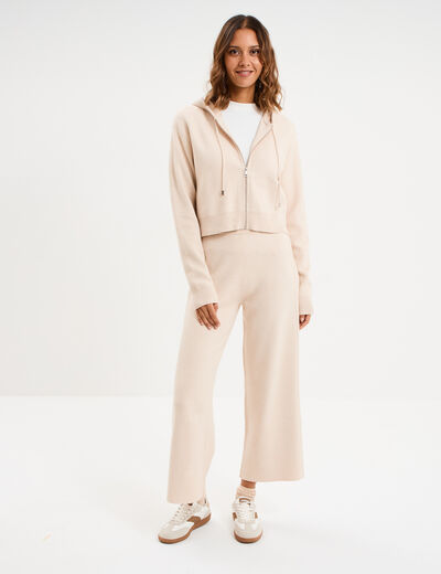 Pantalon tricot taille &eacute;lastiqu&eacute;e beige femme