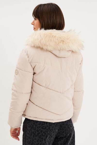 Doudoune doubl&eacute;e capuche fausse fourrure beige femme