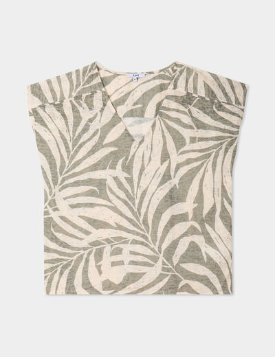 T-shirt col en V manches courtes vert kaki femme
