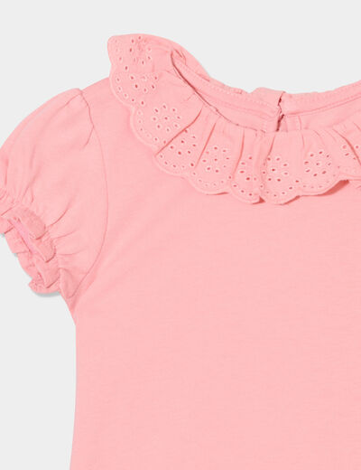 T-shirt col claudine brodé coton rose corail bébé fille