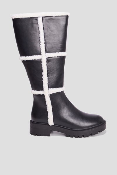 Bottes bandes imitation laine mouton noir femme