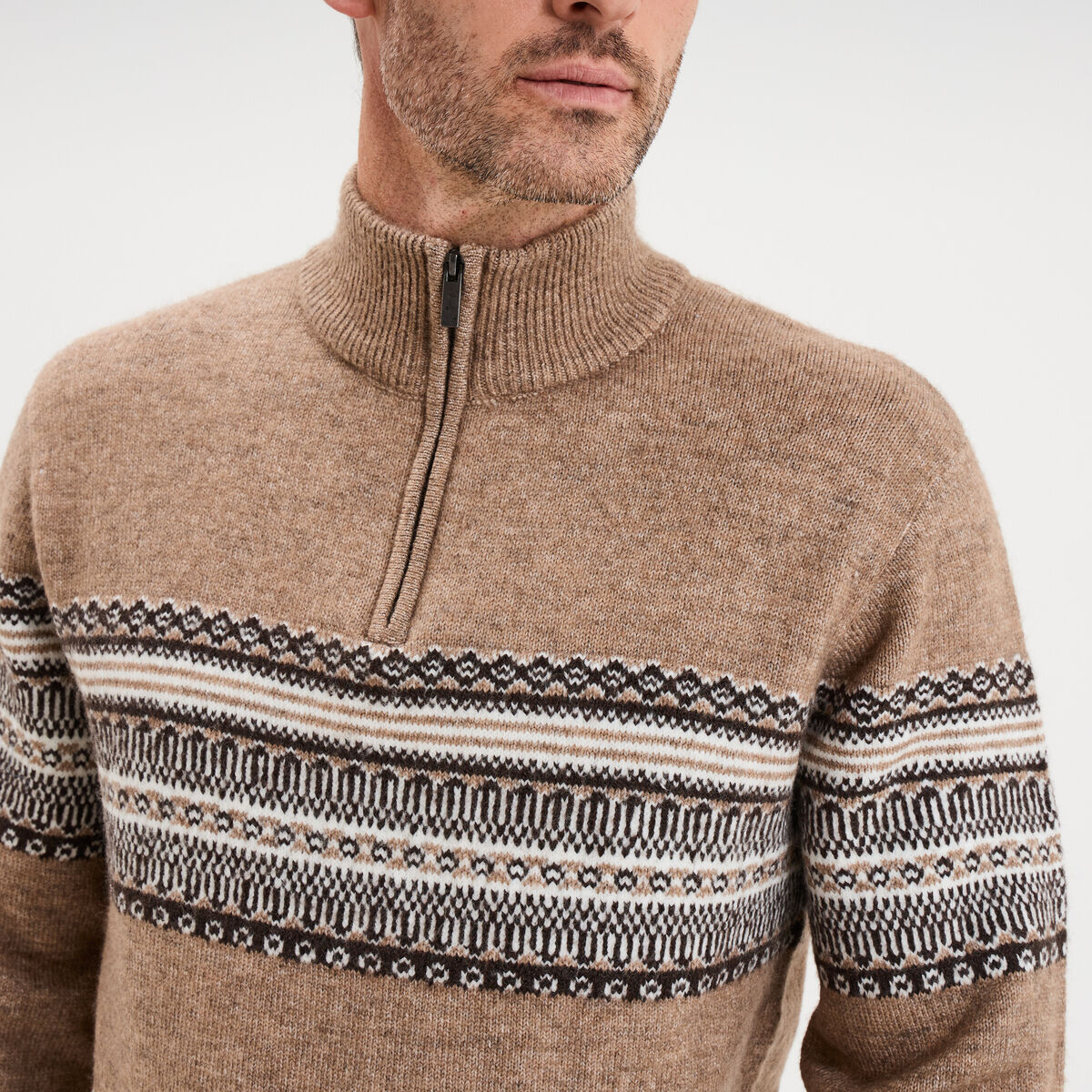 Pull camionneur jacquard manches longues taupe homme