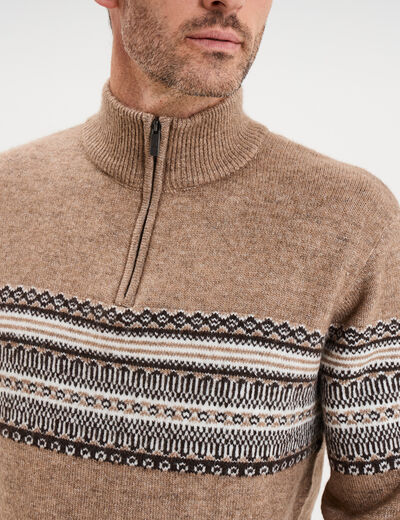 Pull camionneur jacquard manches longues taupe homme