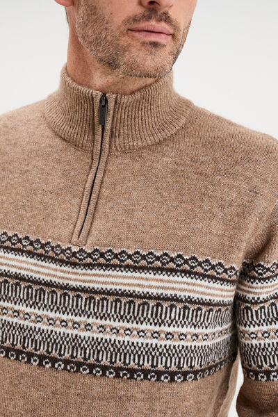 Pull camionneur jacquard manches longues taupe homme