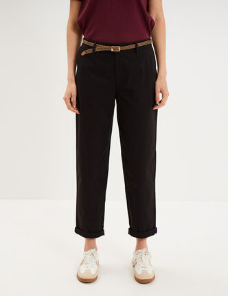 Pantalon chino regular ceinture tress&eacute;e noir femme