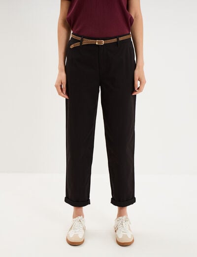 Pantalon chino regular ceinture tress&eacute;e noir femme
