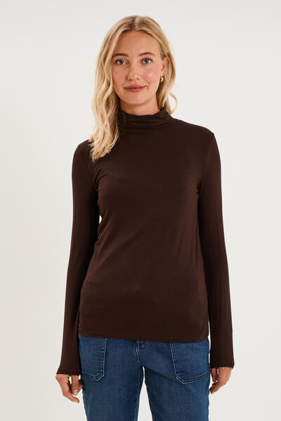 T-shirt manches longues col roul&eacute; marron fonc&eacute; femme