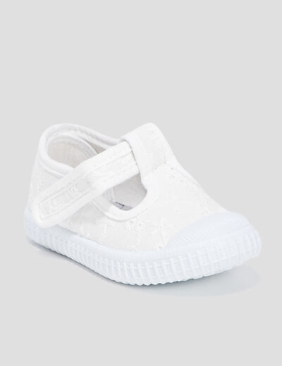 Salom&eacute; en toile brod&eacute;es semelle souple blanc b&eacute;b&eacute; fille