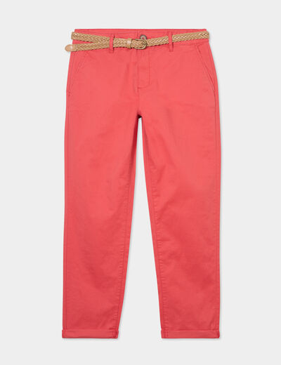 Pantalon chino 7/8ème ceinture tressée rouge corail femme