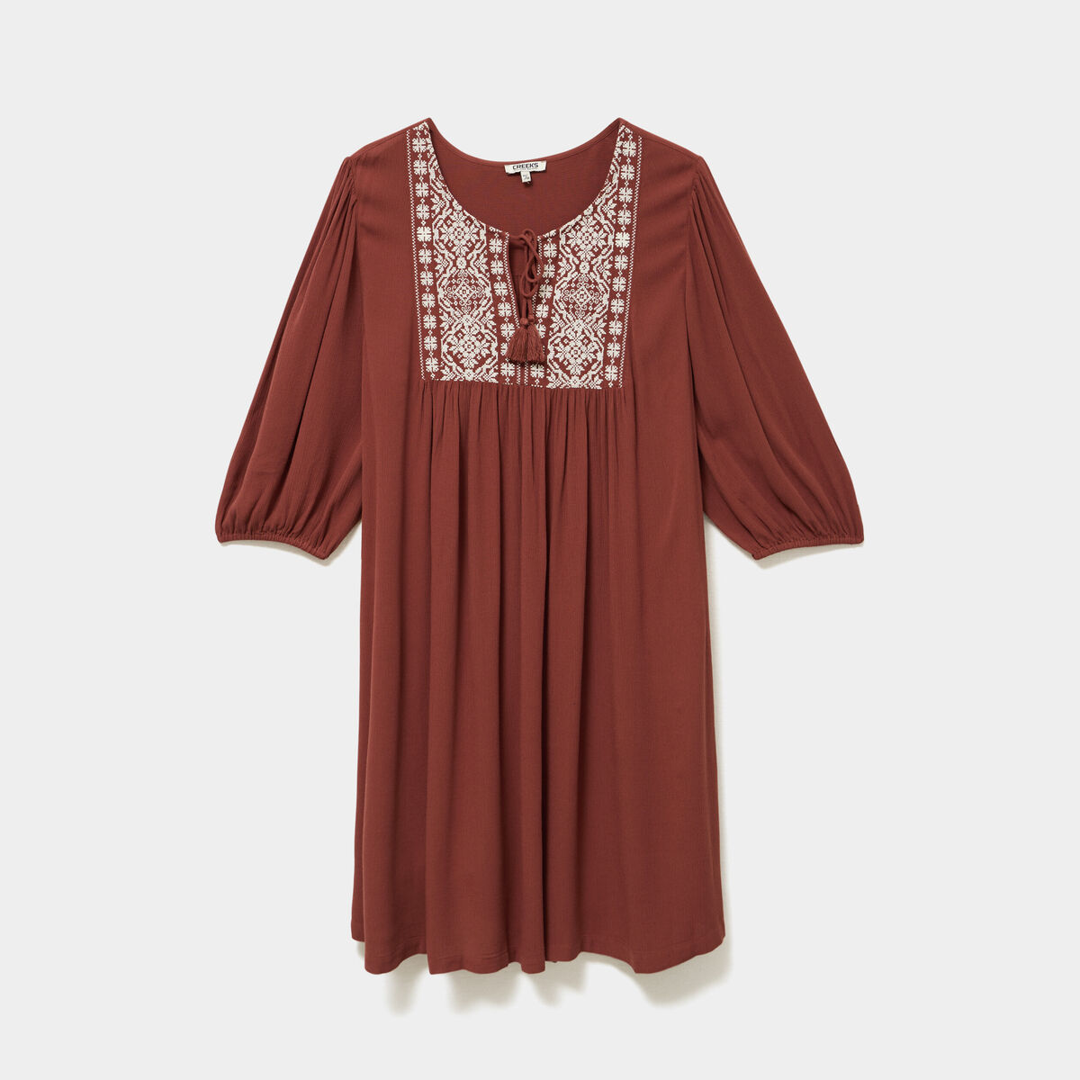 Robe fluide buste brod&eacute;e marron cognac femme grande taille