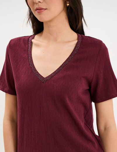 T-shirt col en V manches courtes violet fonc&eacute; femme