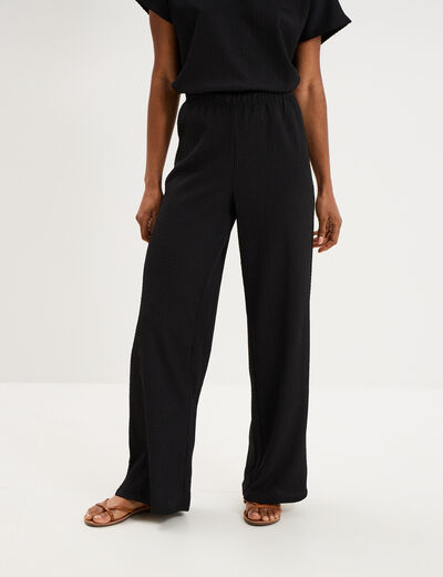 Pantalon large gaufr&eacute; taille &eacute;lastiqu&eacute;e noir femme