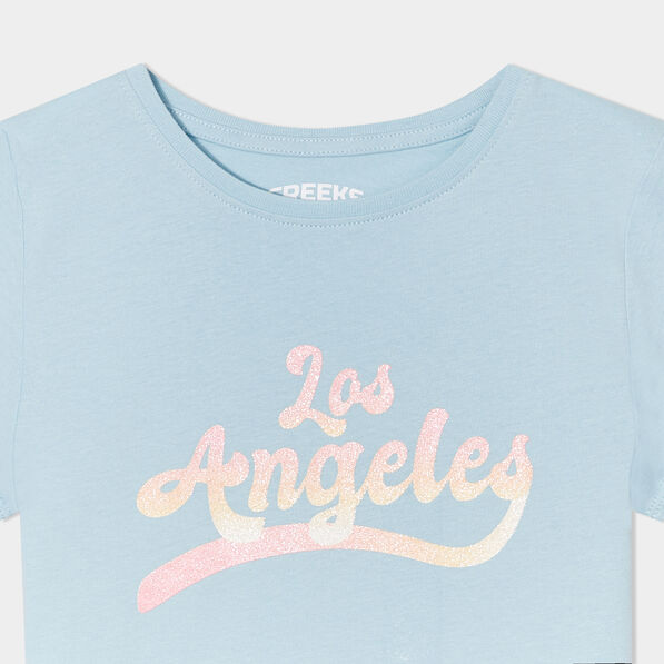 T-shirt col rond manches courtes coton bleu fille