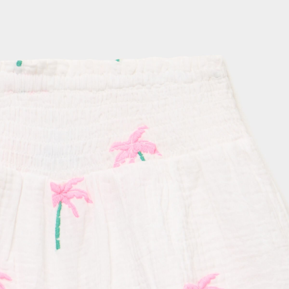 Short brod&eacute; taille smock&eacute;e gaze de coton ecru fille