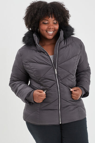 Doudoune courte à capuche fourrure gris foncé femme grande taille