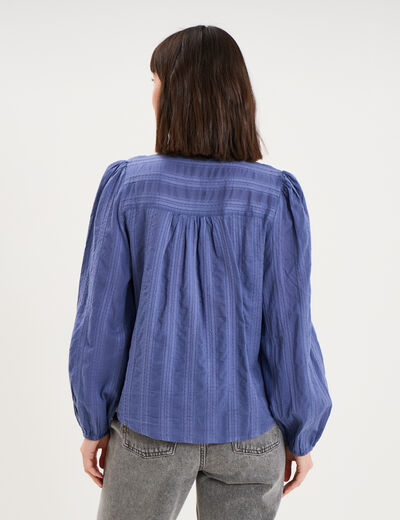 Blouse droite col tunisien coton bleu gris femme
