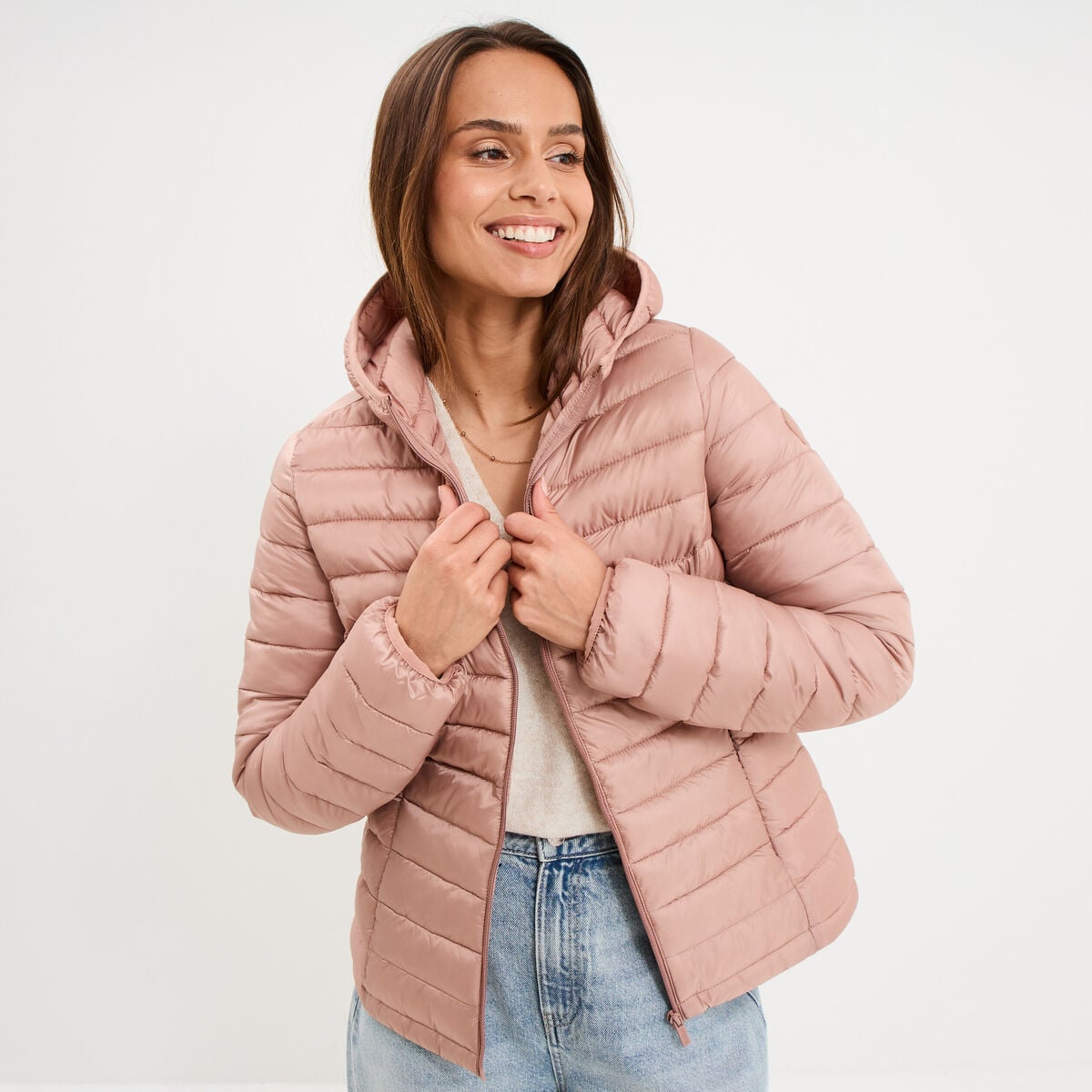 Doudoune l&eacute;g&egrave;re d&eacute;perlante &agrave; capuche vieux rose femme