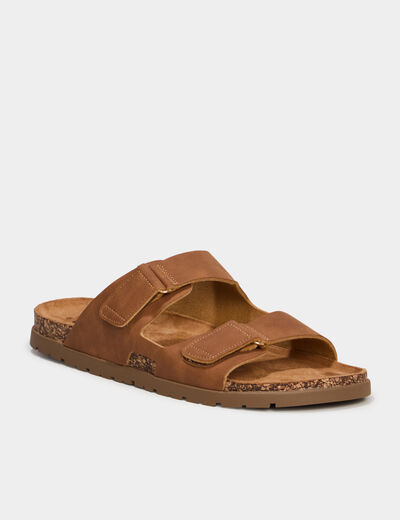 Mules double brides &agrave; scratchs marron clair homme