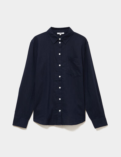Chemise lin m&eacute;lang&eacute; manches longues bleu fonc&eacute; femme