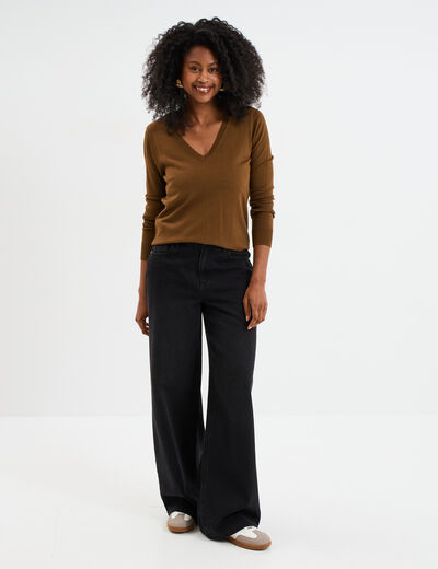 Pull col en V manches longues taupe femme