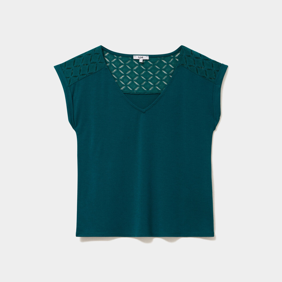 T-shirt col en V ajour&eacute; &eacute;paules et dos vert fonc&eacute; femme