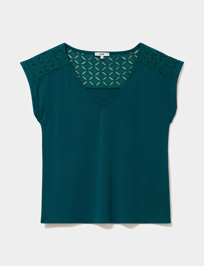 T-shirt col en V ajour&eacute; &eacute;paules et dos vert fonc&eacute; femme