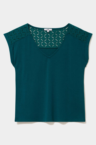 T-shirt col en V ajour&eacute; &eacute;paules et dos vert fonc&eacute; femme