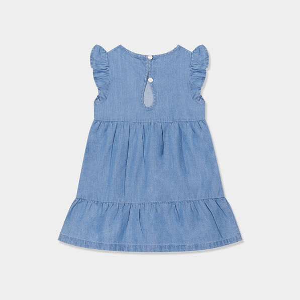 robe aspect jean a volants coton denim bleach bebef Robe aspect jean à volants coton denim bleach bébé fille