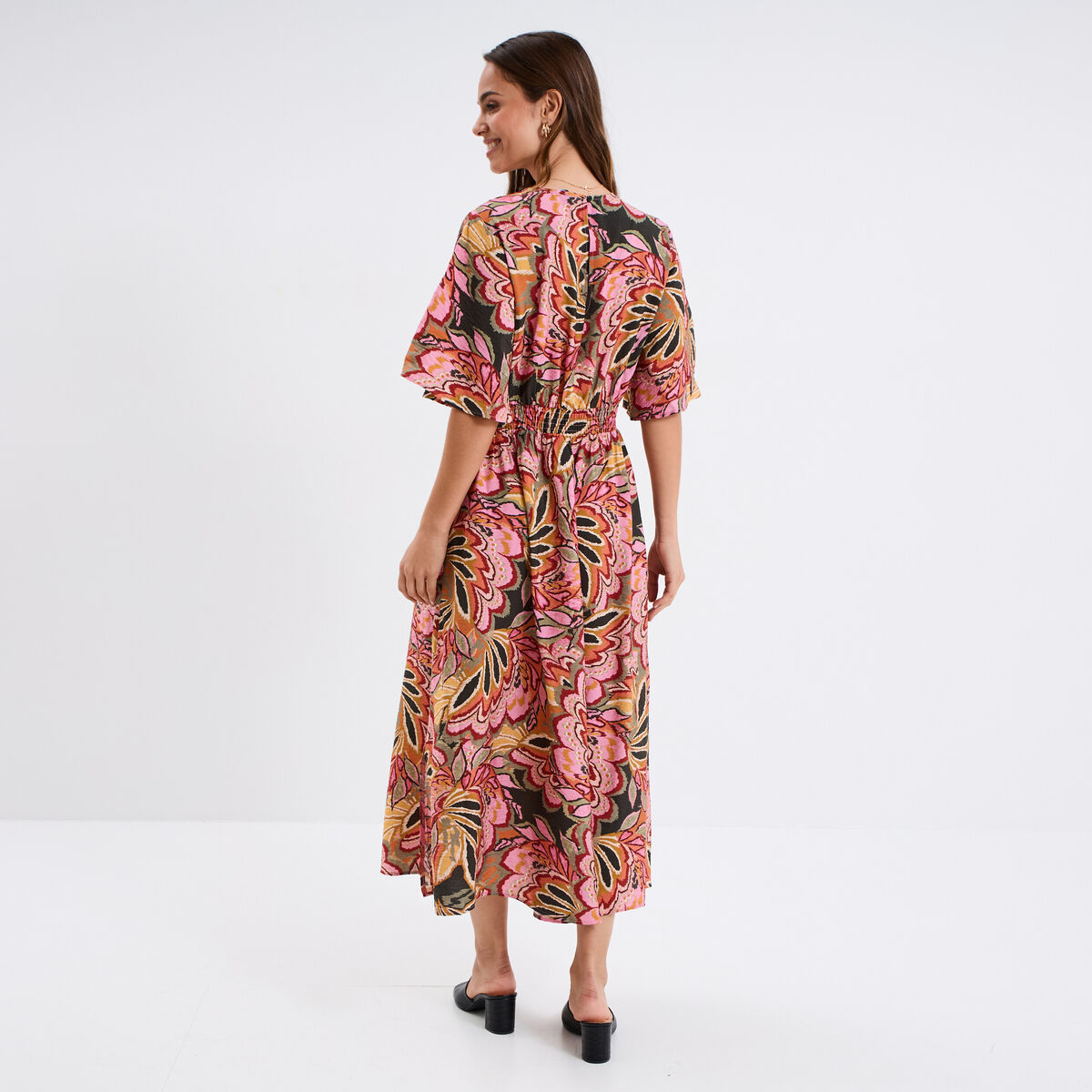 Robe longue col en V taille élastiquée multicolore femme