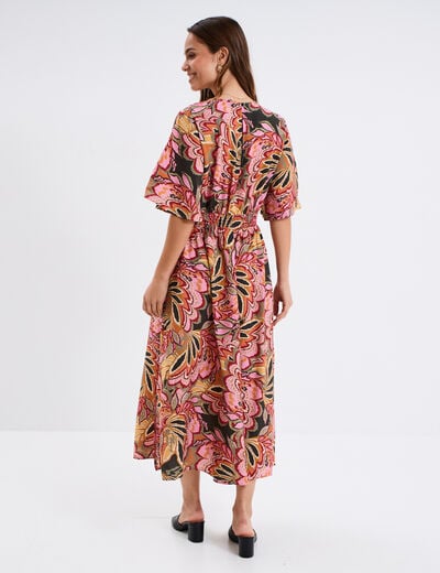 Robe longue col en V taille élastiquée multicolore femme
