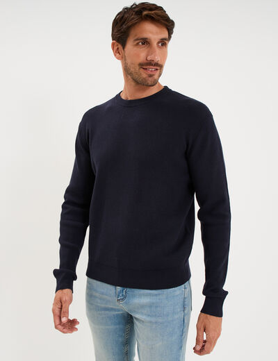 Pull en maille textur&eacute;e col rond bleu marine homme