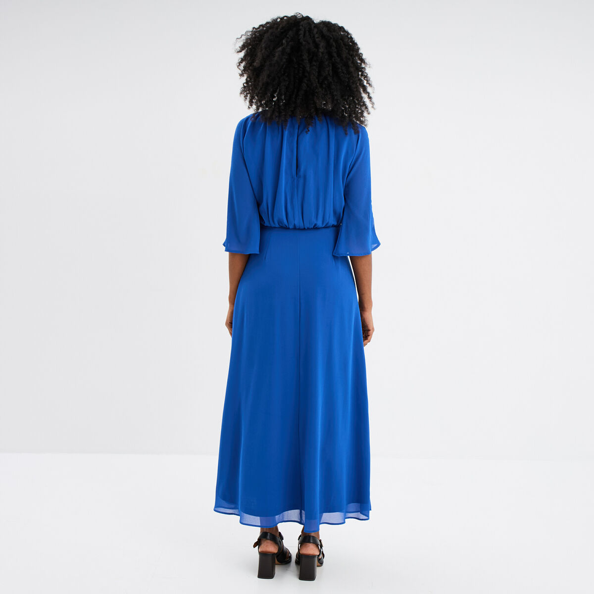 Robe longue manches 3/4 fendues bleu roi femme