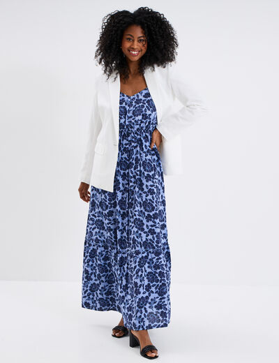 Robe longue bretelles et col en V bleu femme