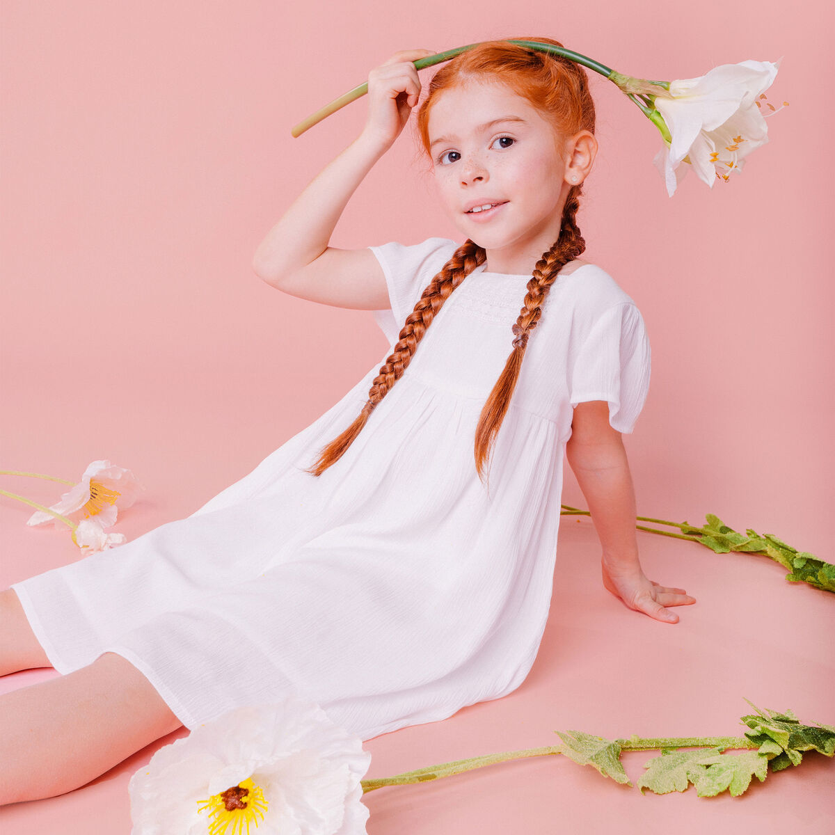 Robe manches courtes doublée coton ivoire fille
